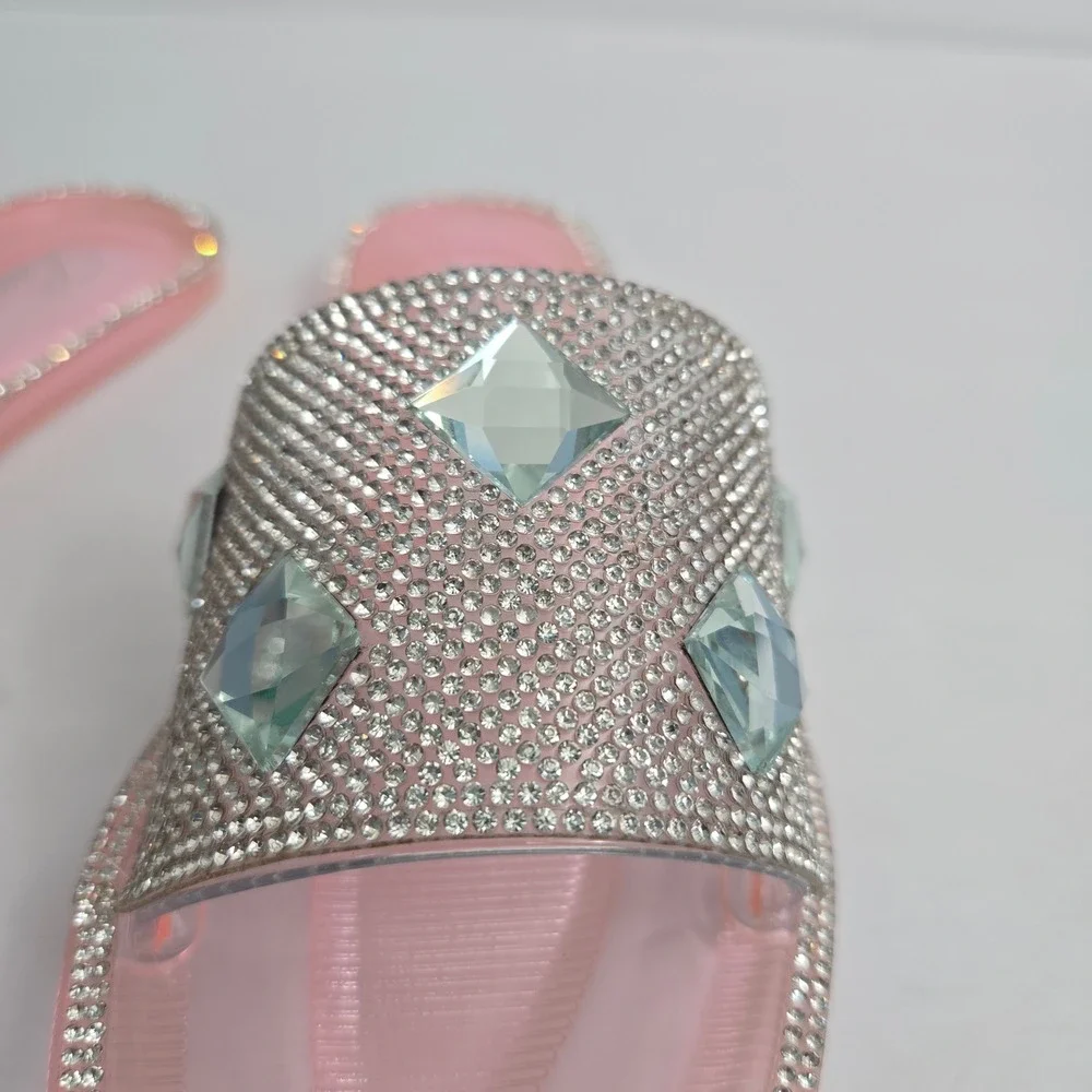 Lauren Lorraine Bianca Rhinestone Crystal Pink Jelly‎ Slide Sandals Size 5.5 NIB